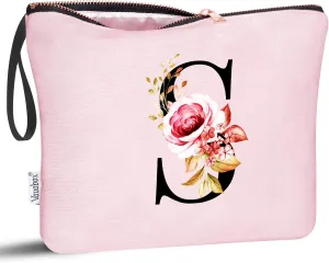Vavabox A-Z Personalized Makeup Bag, Birthday Gifts for Women Mom, Gifts for Best Friend, Bride Bridesmaid Cosmetic bag (S, Pink)