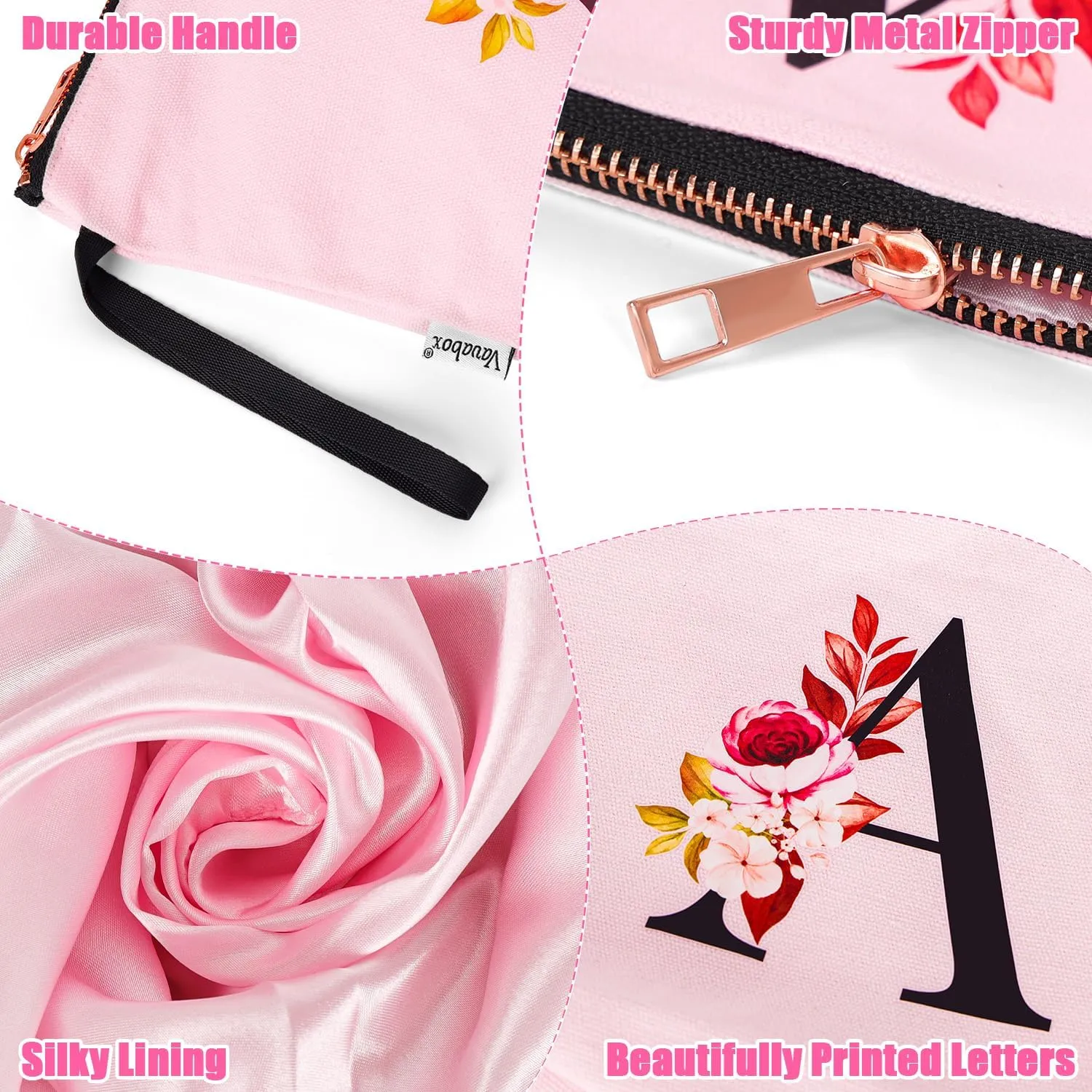 Vavabox A-Z Personalized Makeup Bag, Birthday Gifts for Women Mom, Gifts for Best Friend, Bride Bridesmaid Cosmetic bag (S, Pink)