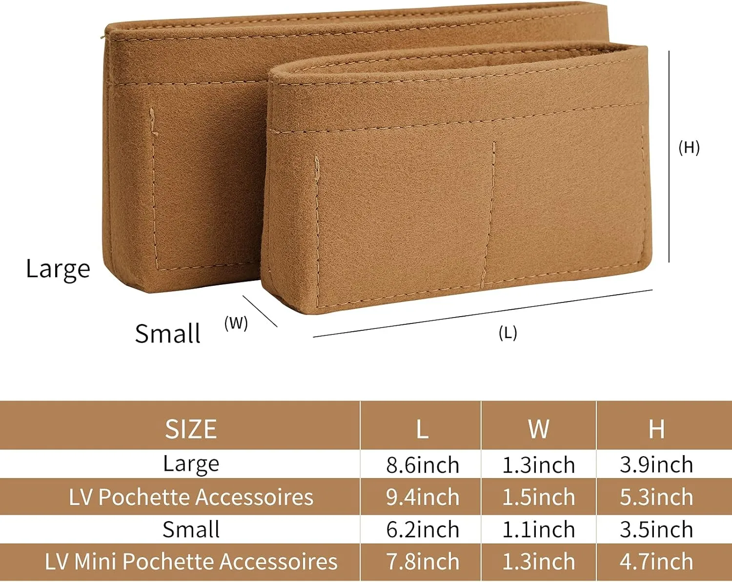 Vercord Felt Purse Organizer Insert Pochette Handbag Insert Bag in Bag for Multi Pochette Accessories Add Zipper Pocket Brown
