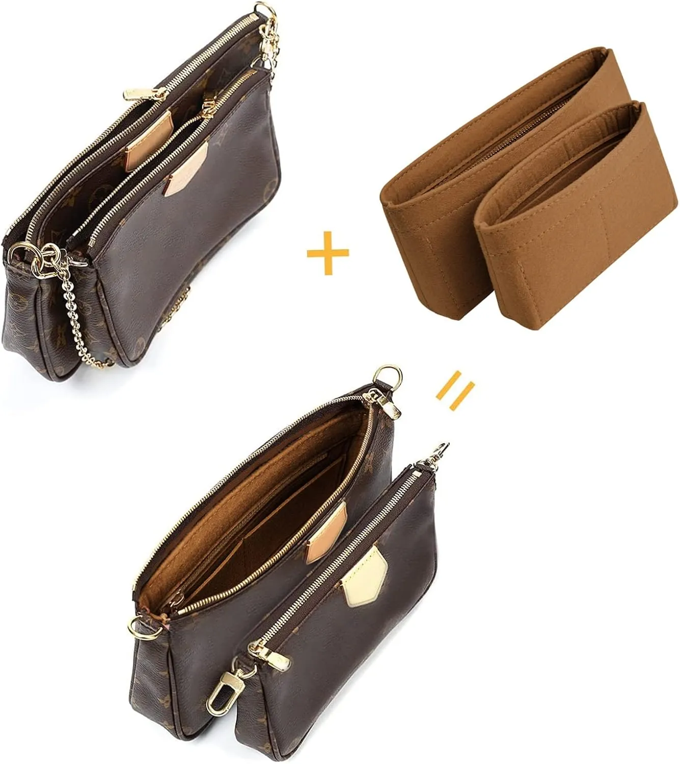 Vercord Felt Purse Organizer Insert Pochette Handbag Insert Bag in Bag for Multi Pochette Accessories Add Zipper Pocket Brown
