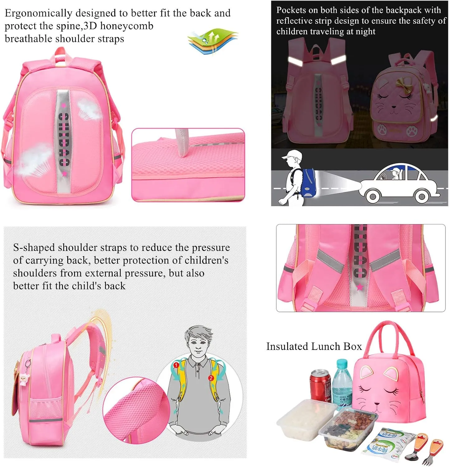 VIDOSCLA Kawaii Cat School Bag for Girls Kids Elementary Backpack Students Book Bag Primary School Bag for Teens
