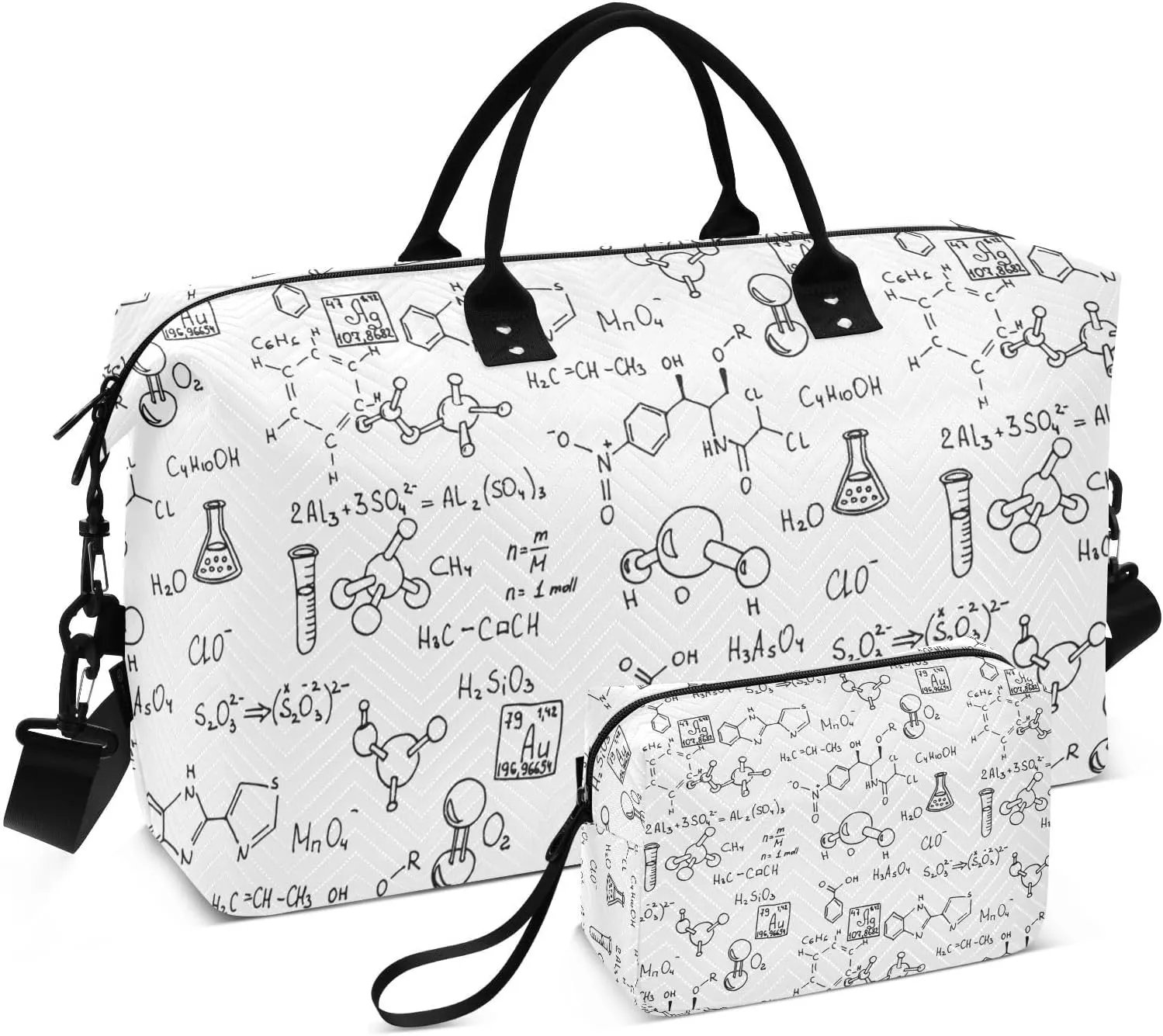 VIGTRO Travel Duffel Bag Weekender Overnight Bag with Toiletry Bag Chemical Formulation Printed, Carry On Luggage Bag Scientific Education for Hospital Gym Travel Business, 2 Pcs Set