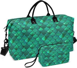 VIGTRO Travel Duffel Bag Weekender Overnight Bag with Toiletry Bag Green Fish Scales Mermaids Printed, Carry On Luggage Bag for Hospital Gym Travel Business, 2 Pcs Set