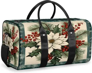 Vintage Flower Christmas Theme Travel Duffle Bag, Sports Gym Bags for Women Men, Carry On Weekender Overnight Workout Airplane Trips Bag
