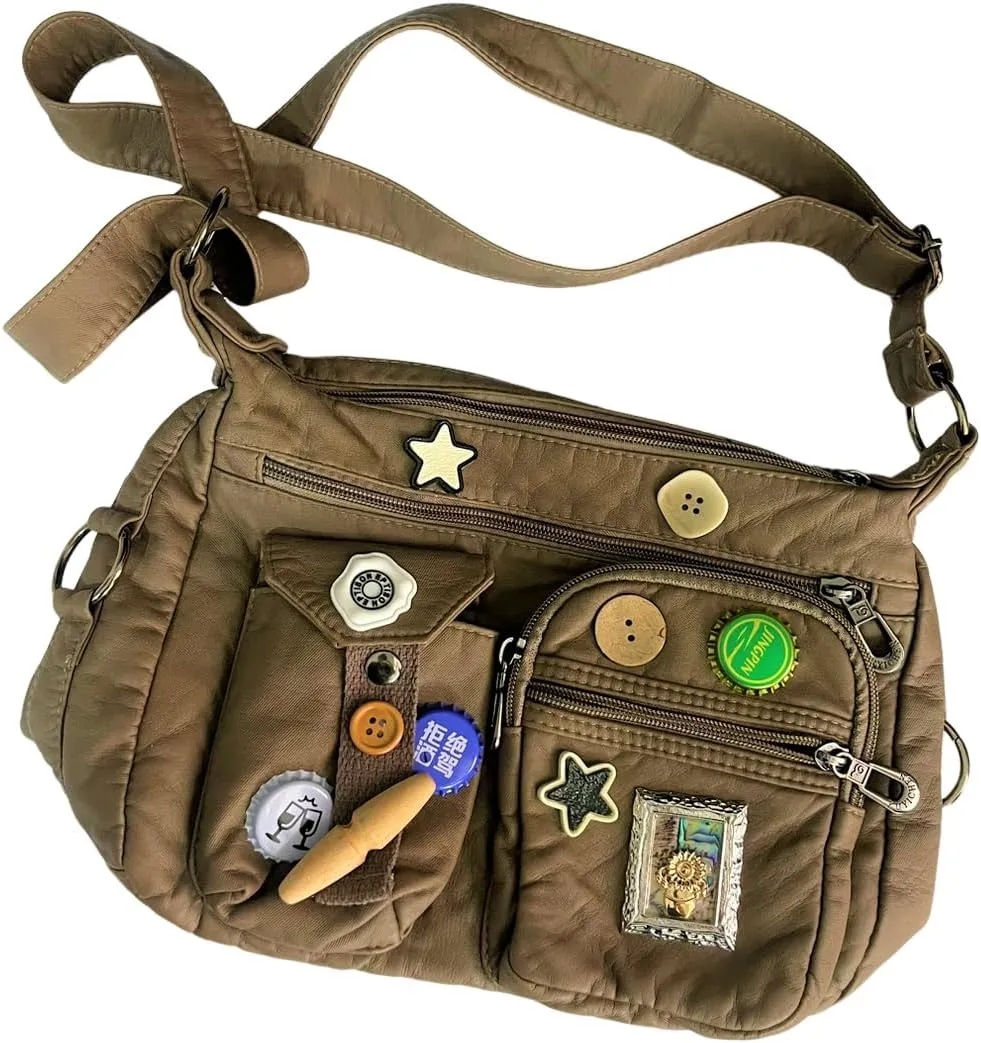 Vintage Y2K Crossbody Bag for Women- Adjustable Strap, Retro Button Design, Multi-Pocket PU Leather Bag
