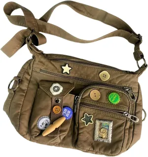 Vintage Y2K Crossbody Bag for Women- Adjustable Strap, Retro Button Design, Multi-Pocket PU Leather Bag