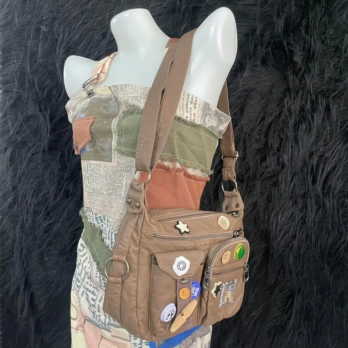 Vintage Y2K Crossbody Bag for Women- Adjustable Strap, Retro Button Design, Multi-Pocket PU Leather Bag