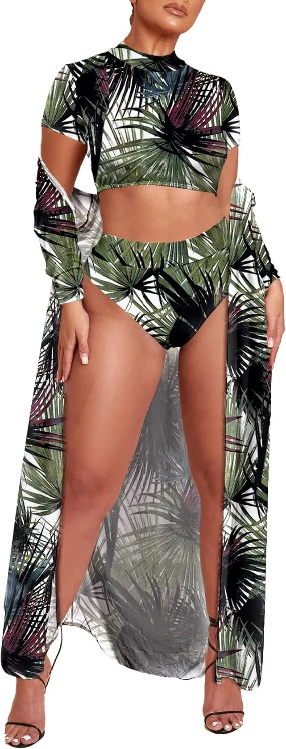 Viottiset Women's Printed 3 Pieces High Waist Bikini Maxi Swimsuit Cover up