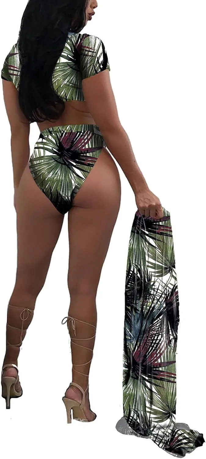 Viottiset Women's Printed 3 Pieces High Waist Bikini Maxi Swimsuit Cover up