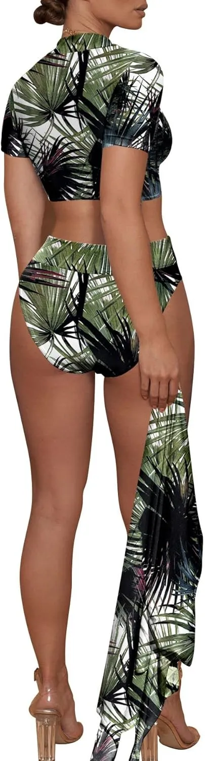 Viottiset Women's Printed 3 Pieces High Waist Bikini Maxi Swimsuit Cover up