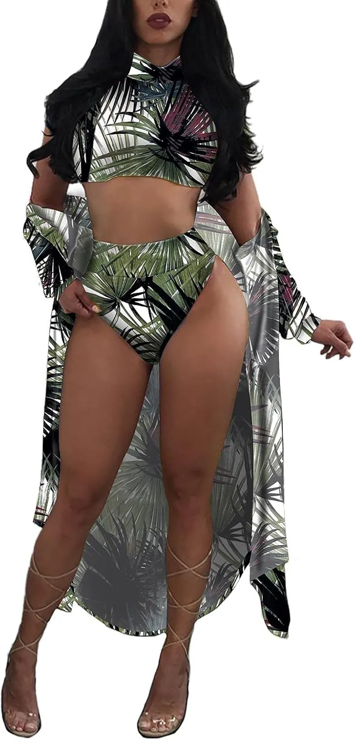 Viottiset Women's Printed 3 Pieces High Waist Bikini Maxi Swimsuit Cover up