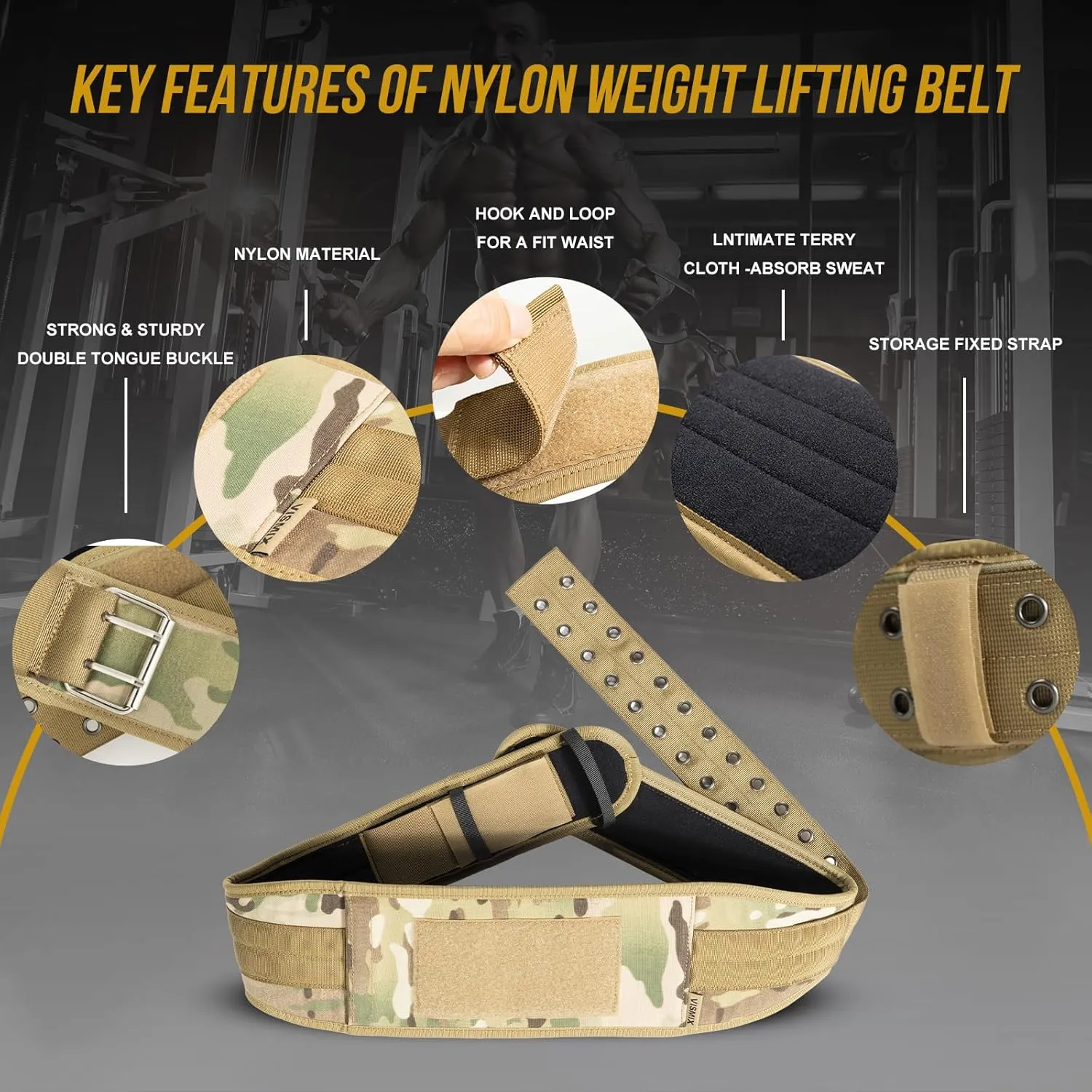 VISMIX Nylon Weight Lifting Belt for Back Support, Gym Belt for Training, Strength Training, Powerlifting, Squat & Deadlift-Adjustable Weightlifting Belt