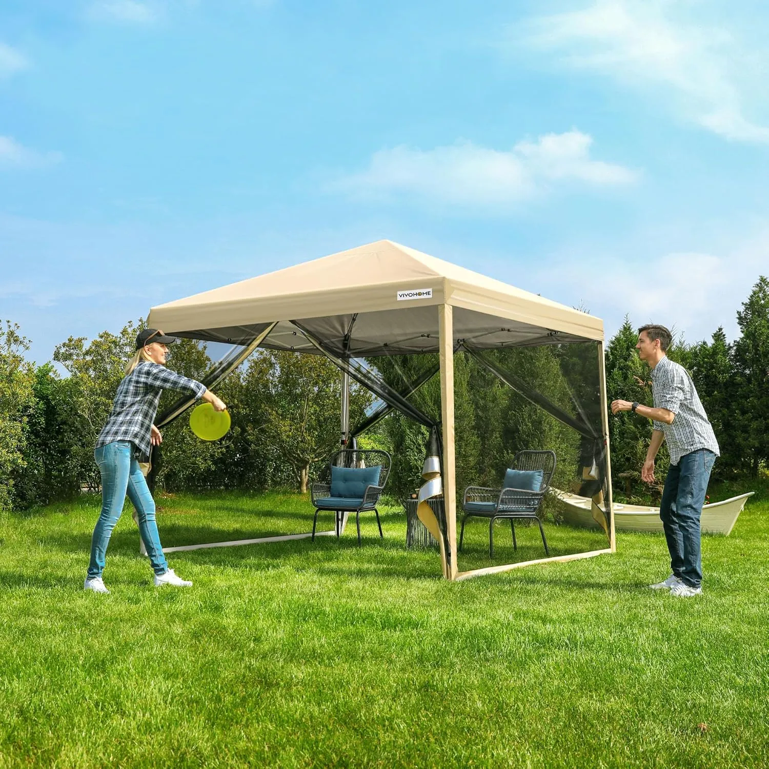 VIVOHOME 10x10ft Easy Pop-Up Canopy, Outdoor Screen Tent with Mosquito Netting, 2 Zipper Doors, and Roller Bag for Yard Camping Picnic Party Events, Beige