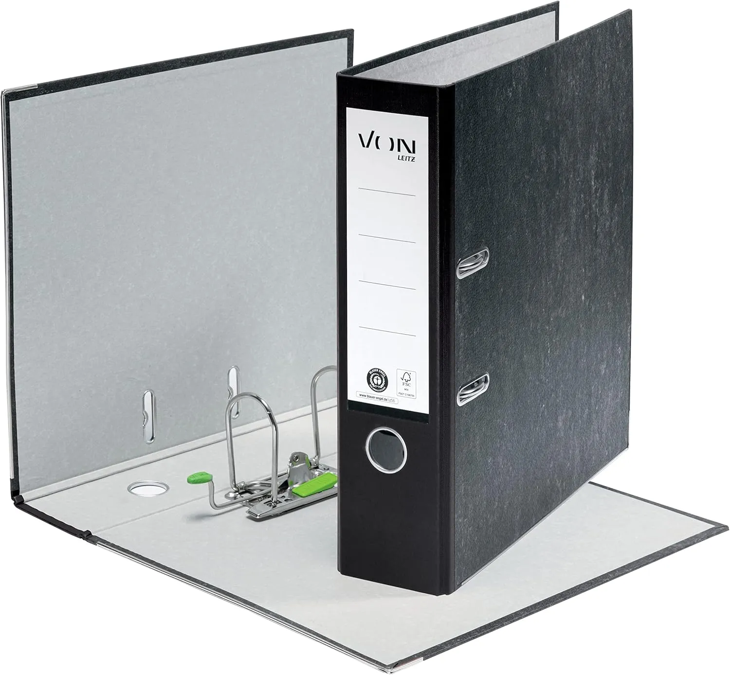 VON Leitz 10530095 A4 Folder, 100% Recycled Paper, 80 mm Spine Width, for 600 Sheets, Blue Angel & FSC Certified, for School, Study & Home, Black, Pack of 10