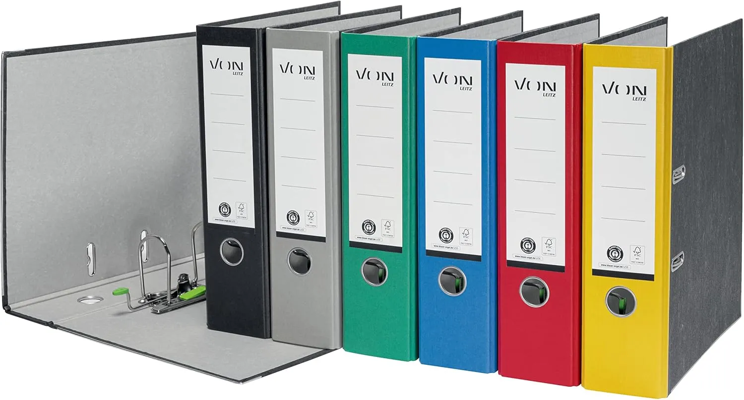 VON Leitz 10530095 A4 Folder, 100% Recycled Paper, 80 mm Spine Width, for 600 Sheets, Blue Angel & FSC Certified, for School, Study & Home, Black, Pack of 10