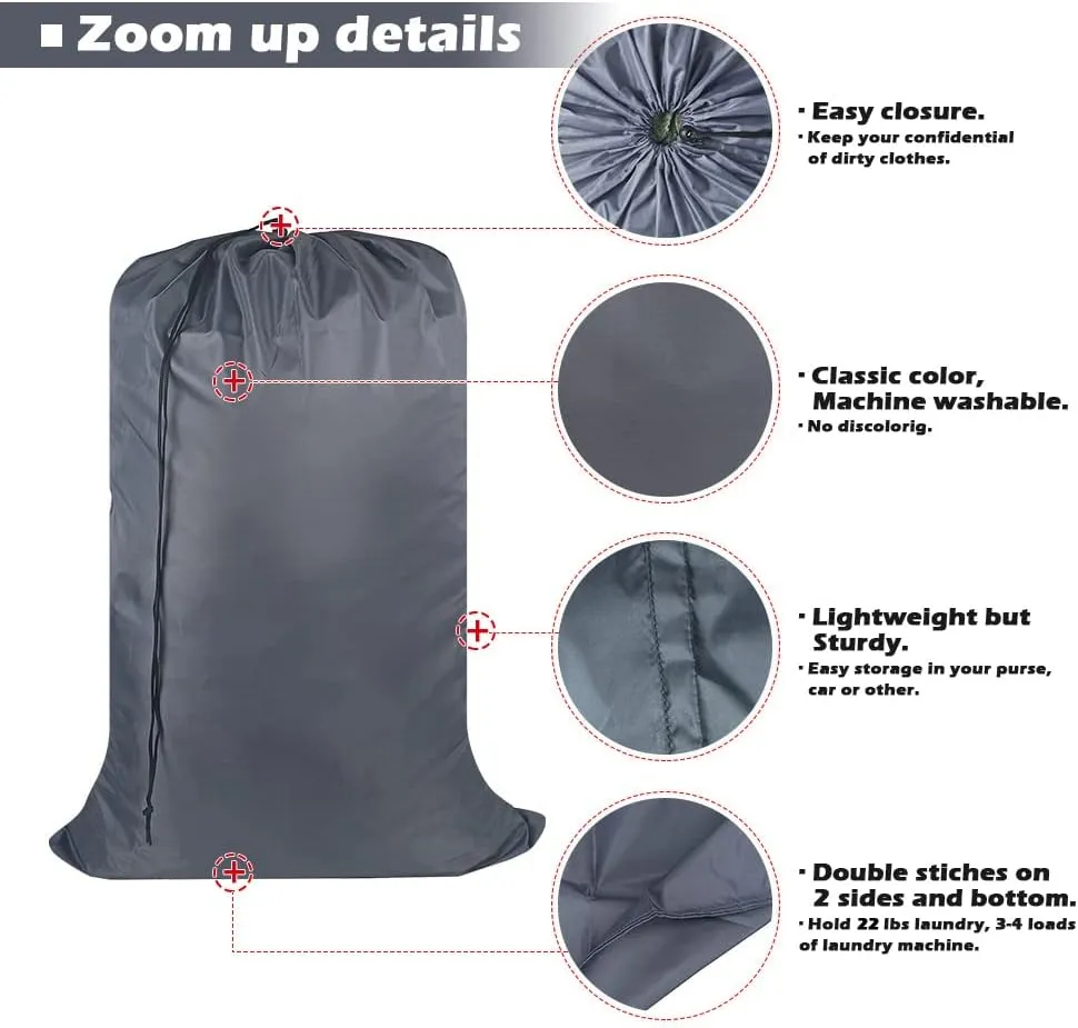 Washable Travel Laundry Bag with Drawstring (3 Pack), Large Dirty Clothes Bag Fit a Laundry Basket or Clothes Hamper, Enough to Hold 4 Loads of Laundry,26x39 inches Grey 3