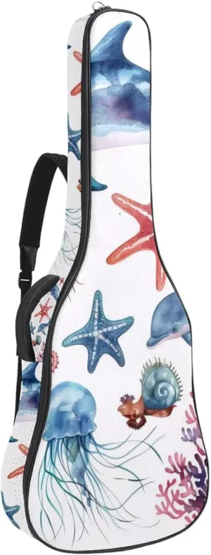 Watercolor Coral Dolphin Crab Seahorse Jellyfish Starfish Acoustic Guitar Bag, Guitar Case Gig Bag 40 41 42 inch with Dual Adjustable Shoulder Strap and Back Hanger Loop