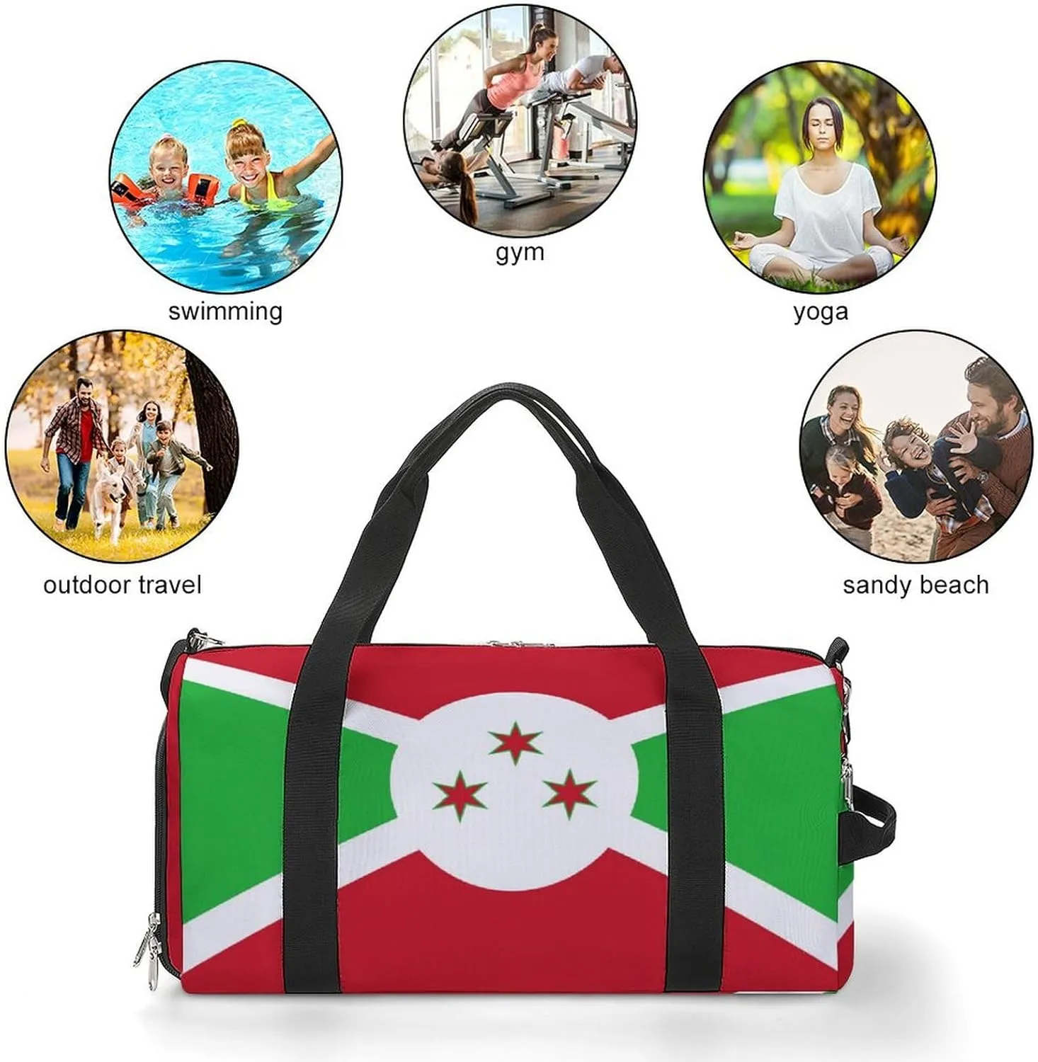 Waterproof Burundi Flag Sports Duffel Bag for Men Women with Shoe Compartment and Wet Pocket