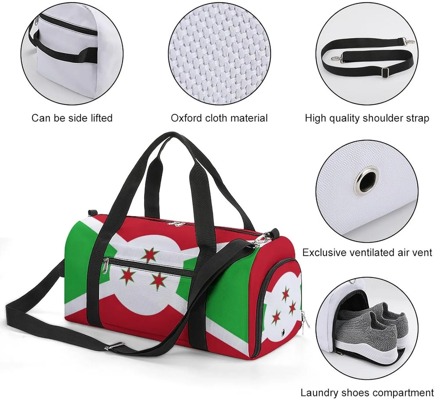 Waterproof Burundi Flag Sports Duffel Bag for Men Women with Shoe Compartment and Wet Pocket