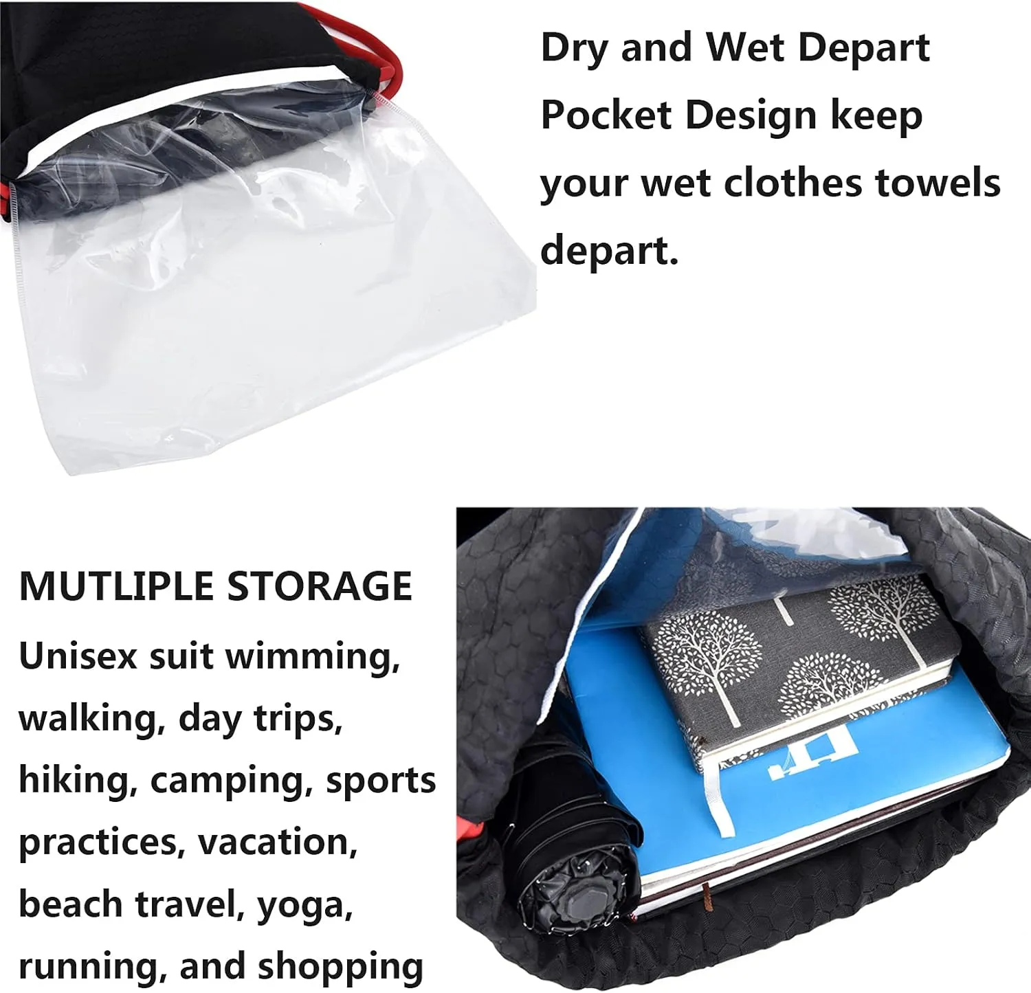 Waterproof Drawstring swim Bag Sackpack Backpack,Dry Wet Depart,Swimming Gym Yoga Sport Shoulder Rucksack Daypacks Casual Bags (CLASSIC BLACK)