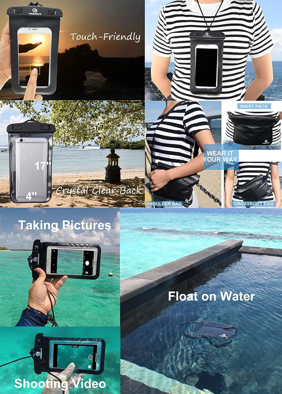 Waterproof Dry Bags Set of 3 Dry Bag with 2 Zip Lock Seals & Detachable Shoulder Strap, Waist Pouch & Phone Case - Can Be Submerged Into Water - for Swimming (Black(Window), 10L)