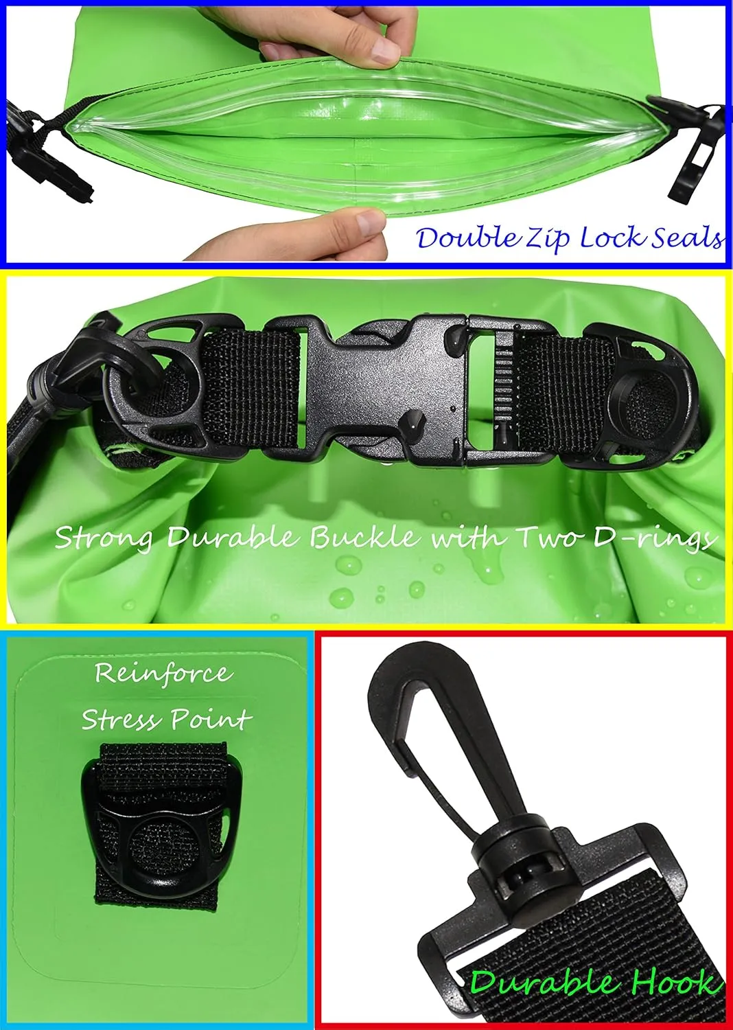 Waterproof Dry Bags Set Of 3 Dry Bag With 2 Zip Lock Seals & Detachable Shoulder Strap, Waist Pouch & Phone Case - Can Be Submerged Into Water - For Swimming (Green, 5L)