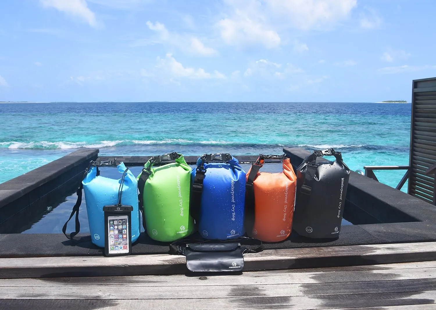 Waterproof Dry Bags Set of 3 Dry Bag with 2 Zip Lock Seals & Detachable Shoulder Strap, Waist Pouch & Phone Case - Can Be Submerged Into Water - for Swimming (Sky Blue, 10L)