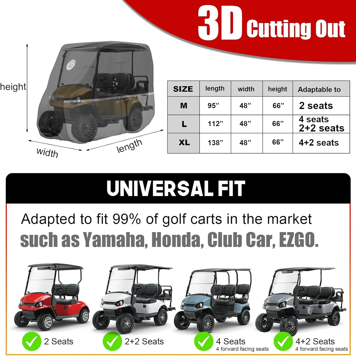 Waterproof Golf Cart Cover, Heavy Duty Marine Grade Fabric, Universal Fits for Most Brand 2/2 2/4 2 Passengers Yamaha, Honda, Club Car, EZGO Golf Cart
