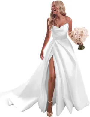 Wchecalino Off Shoulder Satin Wedding Dresses for Bride Long A Line Simple Beach Bridal Gowns