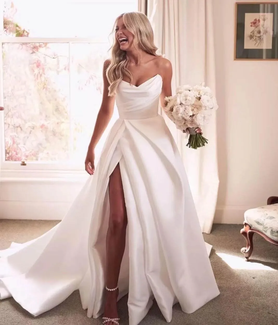Wchecalino Off Shoulder Satin Wedding Dresses for Bride Long A Line Simple Beach Bridal Gowns