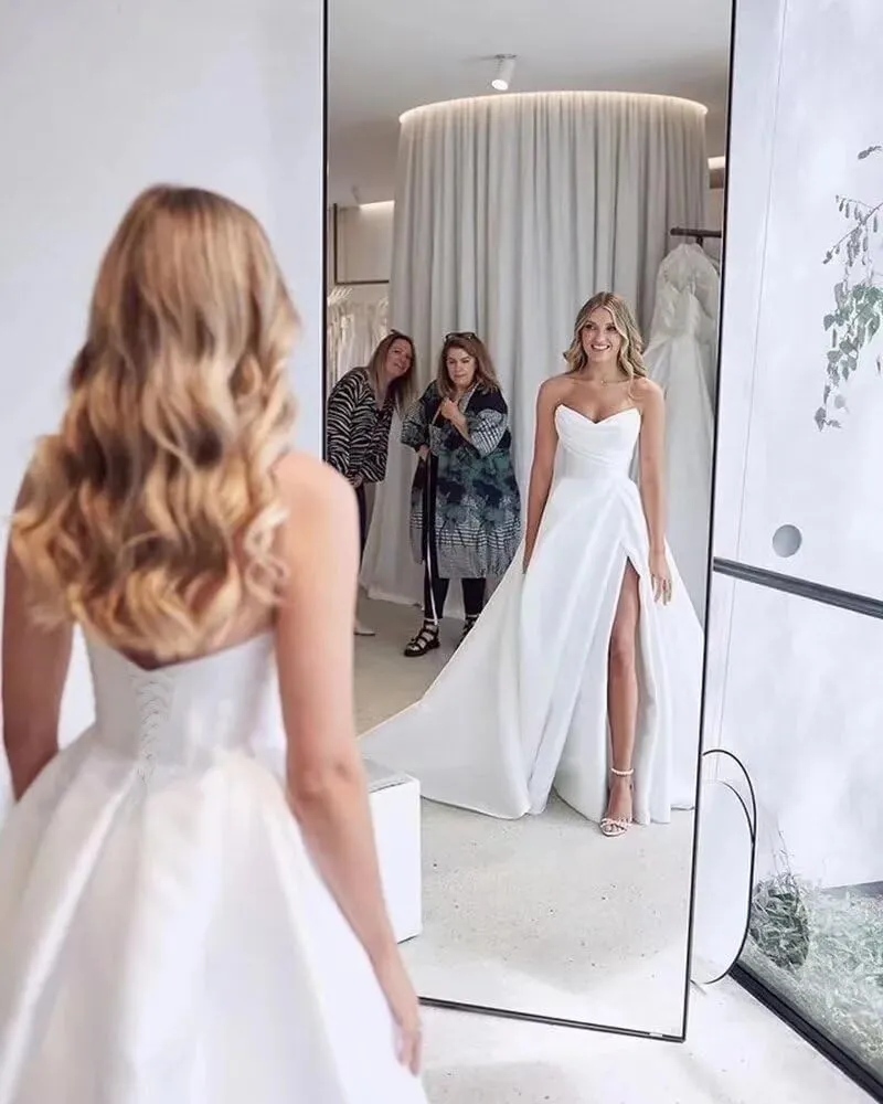 Wchecalino Off Shoulder Satin Wedding Dresses for Bride Long A Line Simple Beach Bridal Gowns