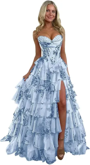 Wchecalino Strapless Tiered Floral Chiffon Prom Dresses Long 2025 Corset Ruffle Formal Evening Gown with Slit