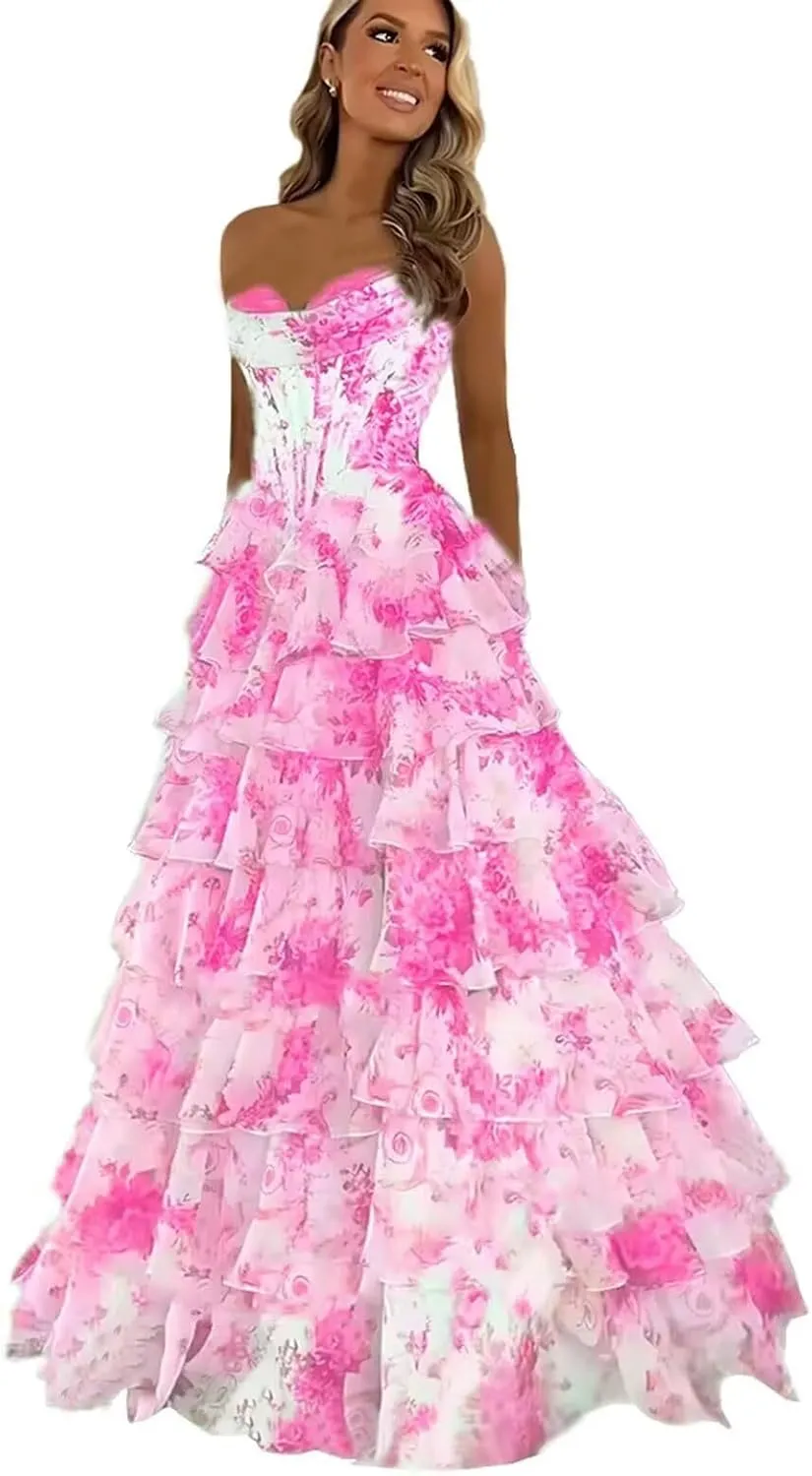Wchecalino Strapless Tiered Floral Chiffon Prom Dresses Long 2025 Corset Ruffle Formal Evening Gown with Slit