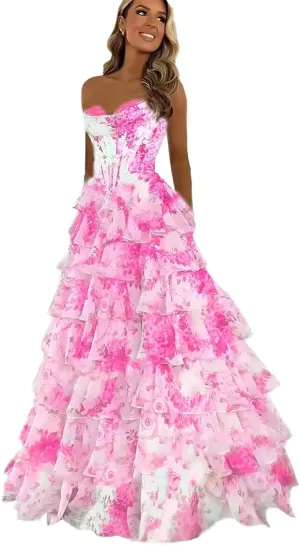 Wchecalino Strapless Tiered Floral Chiffon Prom Dresses Long 2025 Corset Ruffle Formal Evening Gown with Slit