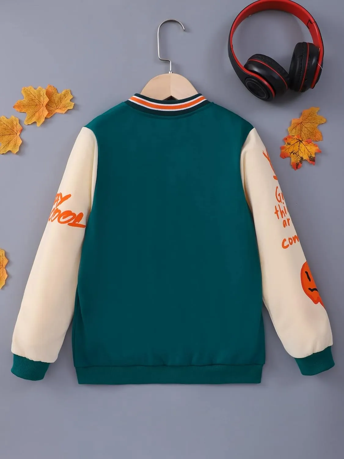 WDIRARA Boy's Color Block Letter Graphic Print Button Front Varsity Bomber Jacket