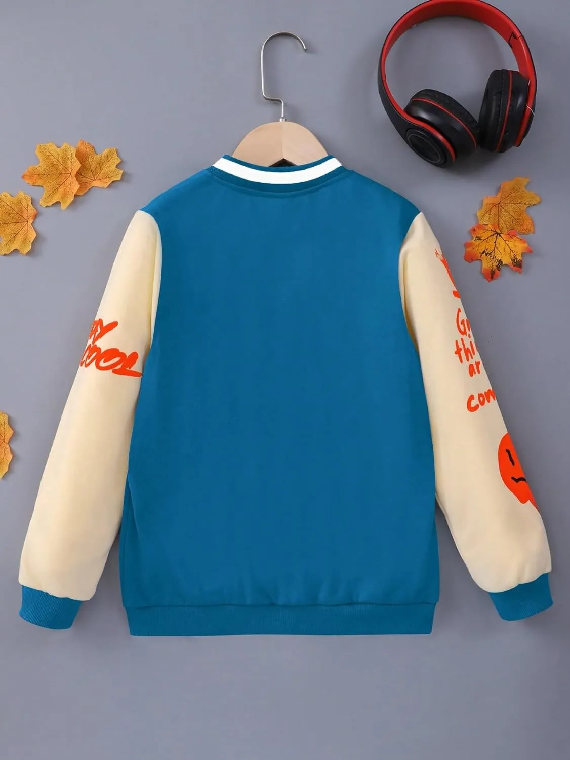 WDIRARA Boy's Color Block Letter Graphic Print Button Front Varsity Bomber Jacket