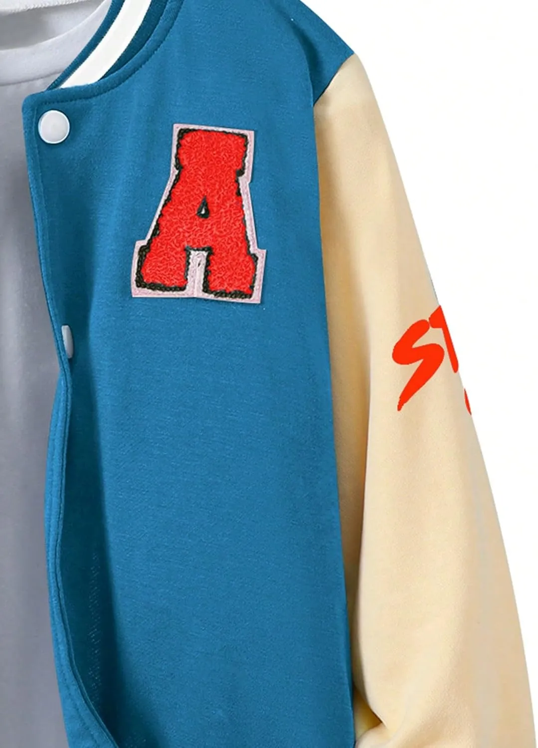 WDIRARA Boy's Color Block Letter Graphic Print Button Front Varsity Bomber Jacket