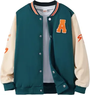 WDIRARA Boy's Color Block Letter Graphic Print Button Front Varsity Bomber Jacket