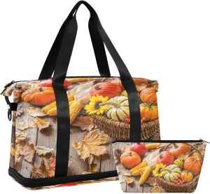 Weekender Overnight Bags for Women Pumpkin Corn Leaf Travel Duffel Bag with Shoe Compartments Autumn Gym Duffel Bag with Toiletry Bag for Travel Sport Yoga 17 Inch