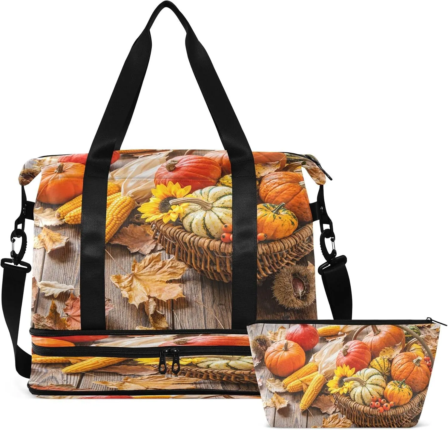 Weekender Overnight Bags for Women Pumpkin Corn Leaf Travel Duffel Bag with Shoe Compartments Autumn Gym Duffel Bag with Toiletry Bag for Travel Sport Yoga 17 Inch