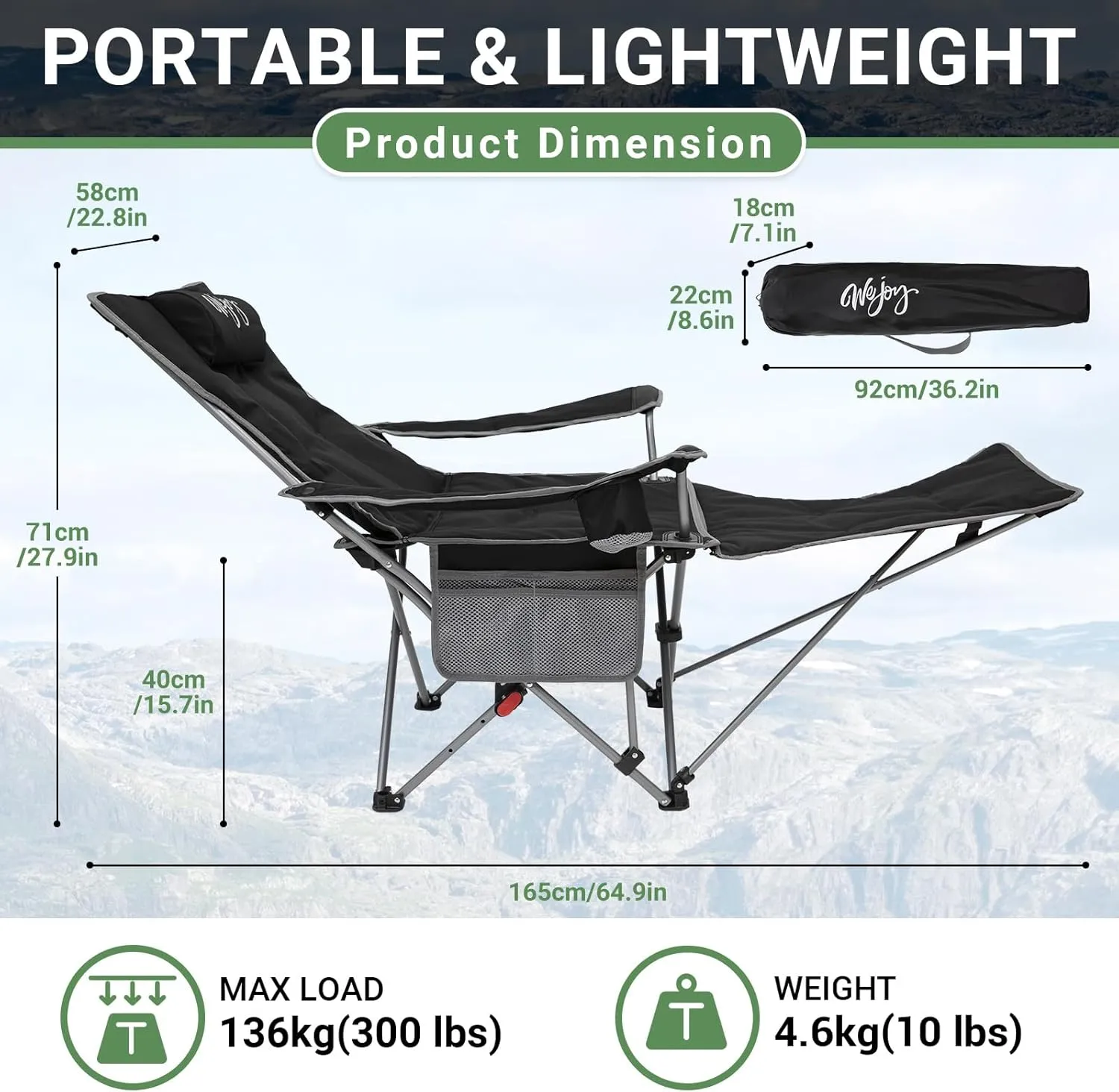 #WEJOY 2-in-1 Camping Chair Reclining, Lightweight Folding Camping Chair with Adjustable Backrest & Footrest, Camping Lounge Chair with Headrest, Cup Holder, Storage Bag, for Beach, Lawn, Concert