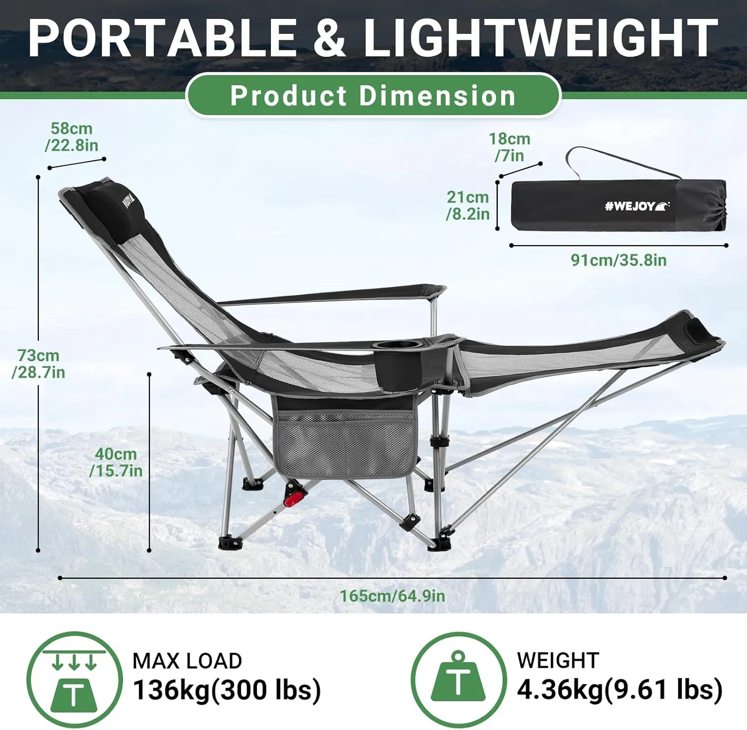 #WEJOY 2-in-1 Reclining Camping Chair, Lightweight Folding Camping Chair with Adjustable Backrest & Footrest, Camping Lounge Chair with Headrest, Cup Holder, Storage Bag, for Beach, Lawn, Concert
