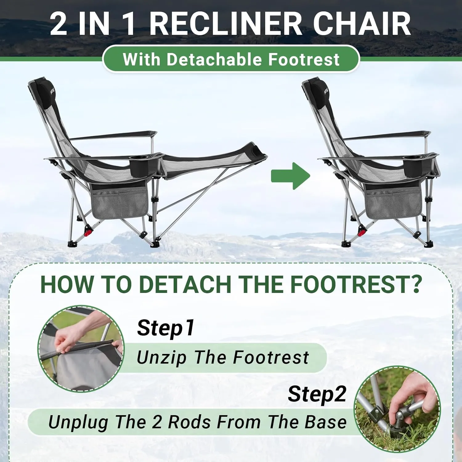 #WEJOY 2-in-1 Reclining Camping Chair, Lightweight Folding Camping Chair with Adjustable Backrest & Footrest, Camping Lounge Chair with Headrest, Cup Holder, Storage Bag, for Beach, Lawn, Concert