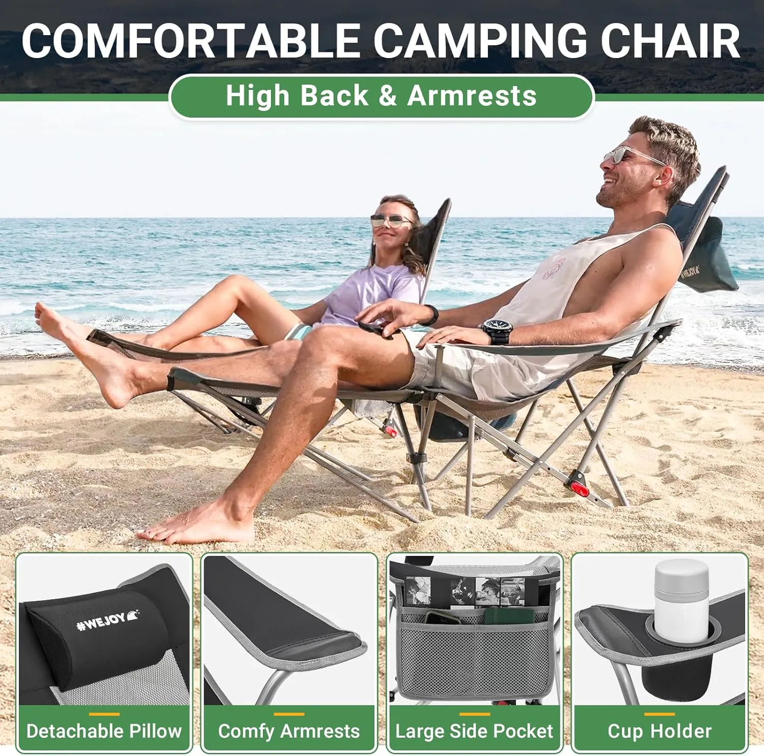 #WEJOY 2-in-1 Reclining Camping Chair, Lightweight Folding Camping Chair with Adjustable Backrest & Footrest, Camping Lounge Chair with Headrest, Cup Holder, Storage Bag, for Beach, Lawn, Concert