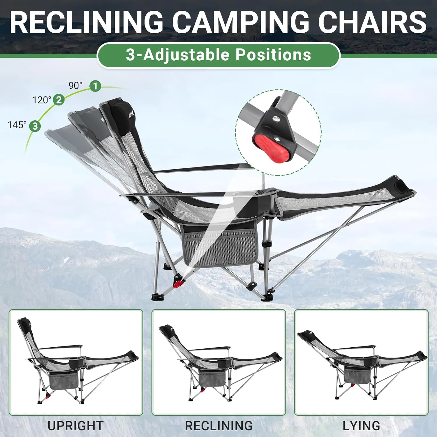 #WEJOY 2-in-1 Reclining Camping Chair, Lightweight Folding Camping Chair with Adjustable Backrest & Footrest, Camping Lounge Chair with Headrest, Cup Holder, Storage Bag, for Beach, Lawn, Concert