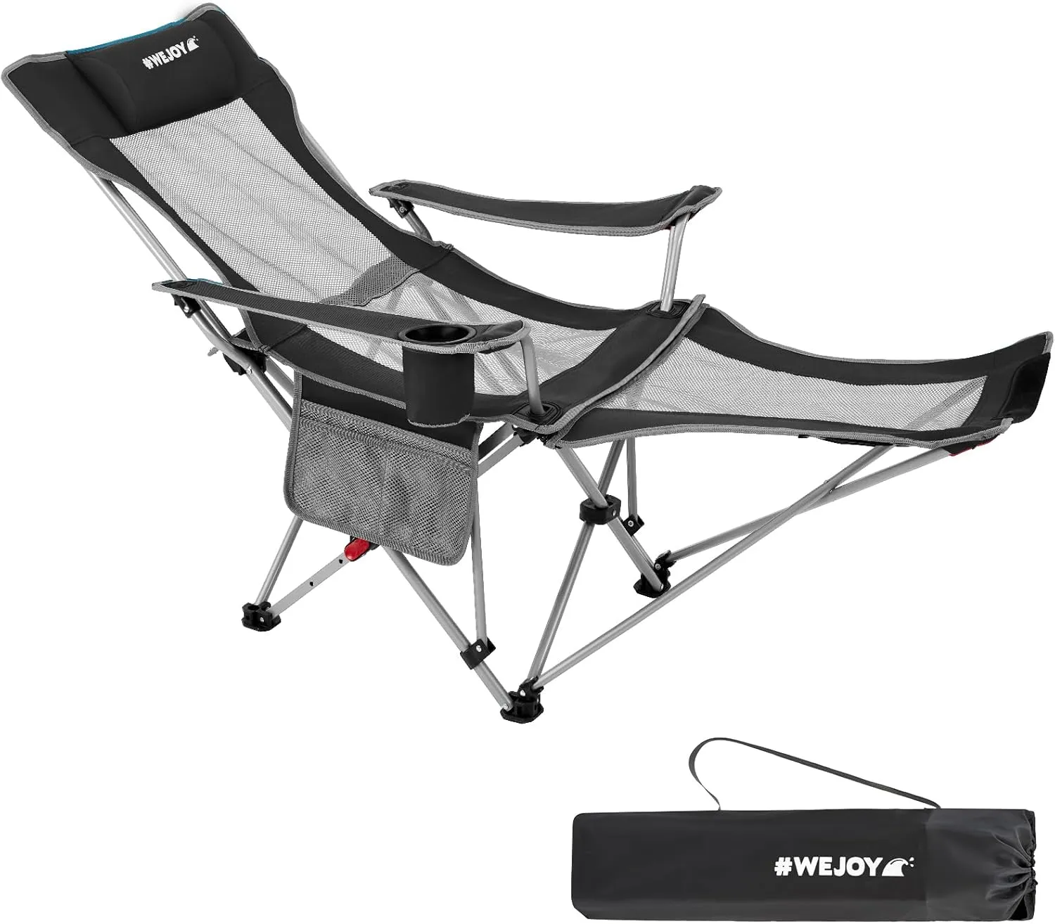 #WEJOY 2-in-1 Reclining Camping Chair, Lightweight Folding Camping Chair with Adjustable Backrest & Footrest, Camping Lounge Chair with Headrest, Cup Holder, Storage Bag, for Beach, Lawn, Concert