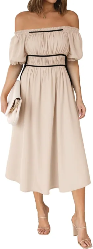 Wenrine Womens Off The Shoulder Midi Dress Summer Square Neck Puff Short Sleeve Casual Flowy A Line Beach Dresses