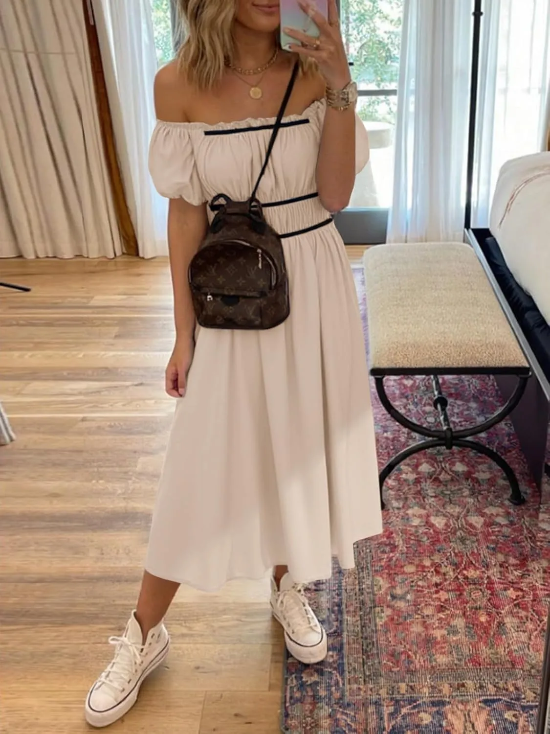 Wenrine Womens Off The Shoulder Midi Dress Summer Square Neck Puff Short Sleeve Casual Flowy A Line Beach Dresses