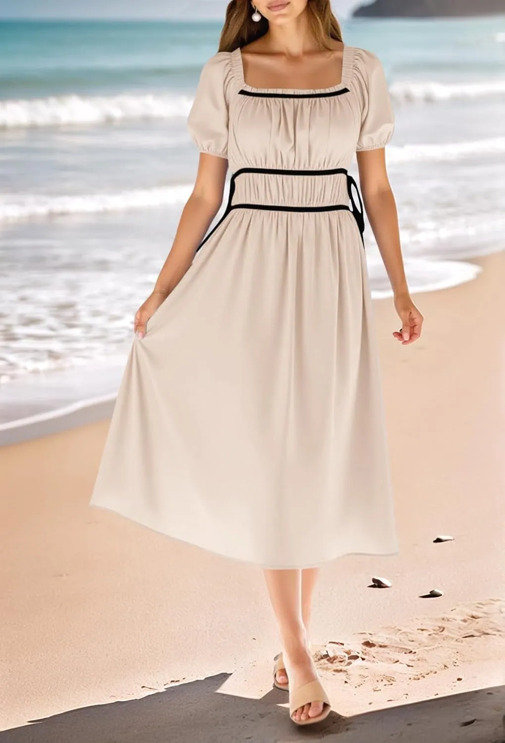 Wenrine Womens Off The Shoulder Midi Dress Summer Square Neck Puff Short Sleeve Casual Flowy A Line Beach Dresses