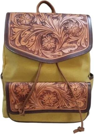 Western Olive Canvas Floral Tooled Leather Weekender Carry-On Travel Outdoors Camping Hiking Utility Bag 18SKB51